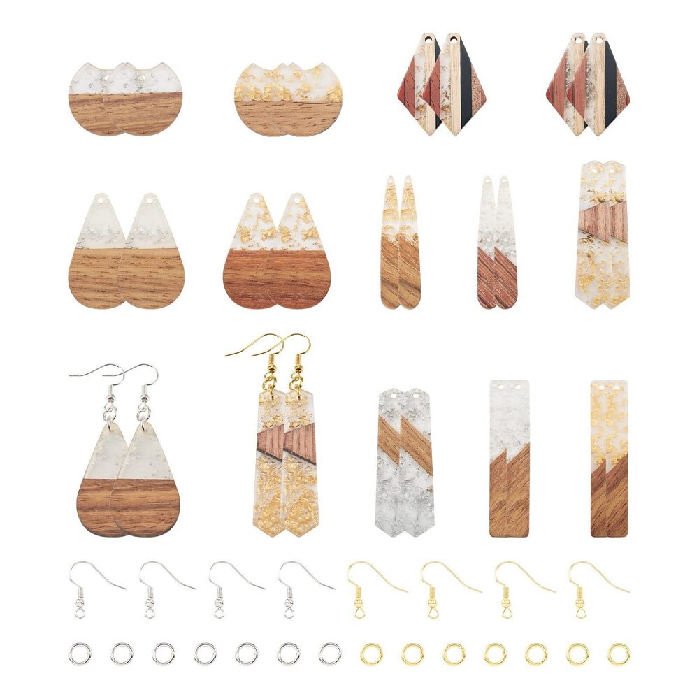 9466 Pandahall 24Pcs Polygon Resin Wood Charms DIY Geometry Teardrop